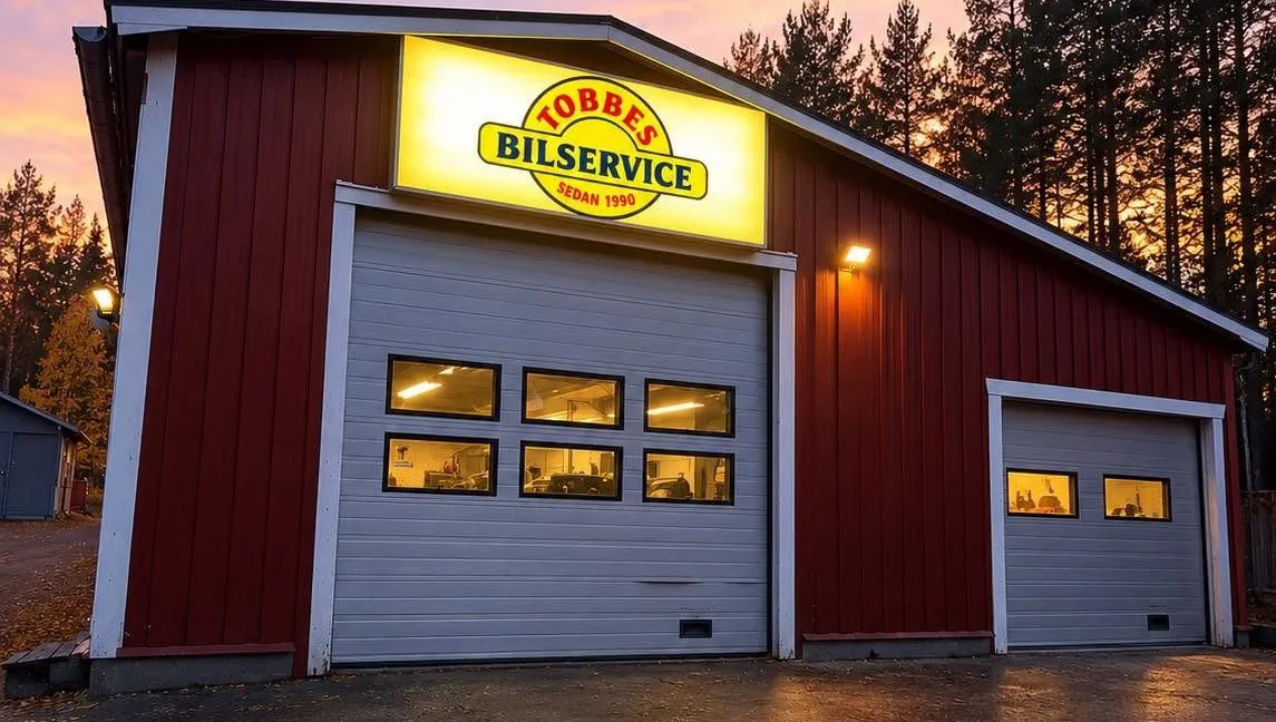 Tobbes Bilservices röda verkstad i skymningen, med upplyst gul skylt och ljus i portarnas fönster