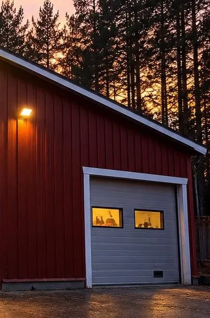 Verkstadens gavel med den mindre porten, en vägglampa och tallar i kvällsljus