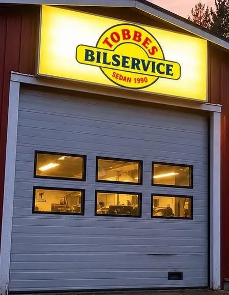 Verkstadens stora port med upplysta fönster och den gula skylten Tobbes Bilservice ovanför